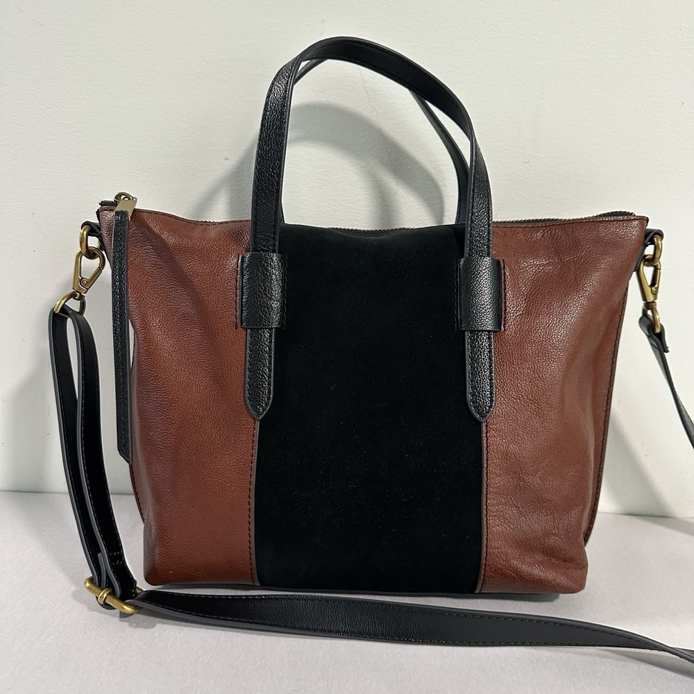 Fossil Skylar Satchel Crossbody Brown Leather Black Suede Handbag EUC